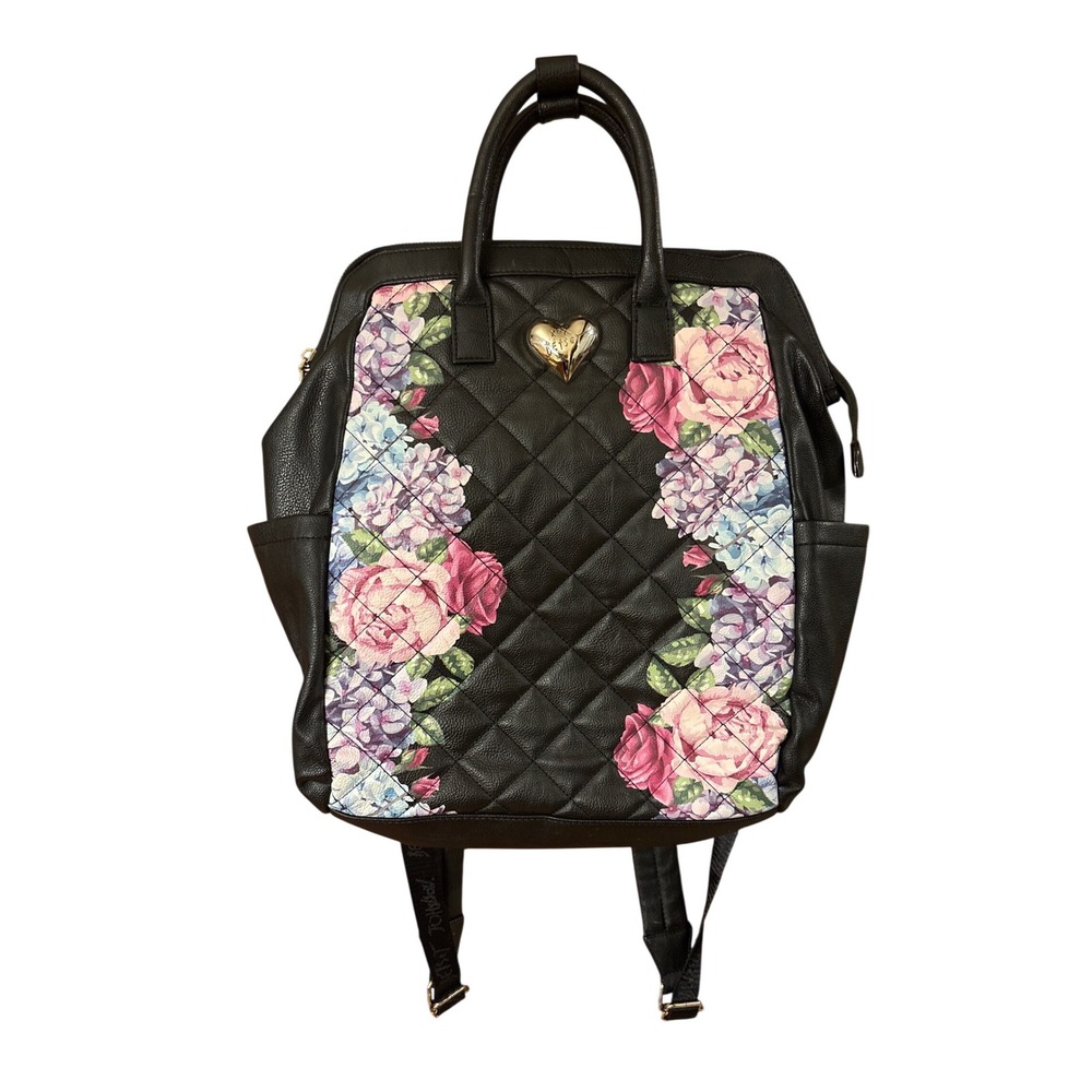 Black Quilted‎ Floral Backpack Silver Heart Logo